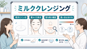 ミルククレンジングを乾きと落ち残りと使う日で整理する1207基準のボード型イラストアイキャッチ