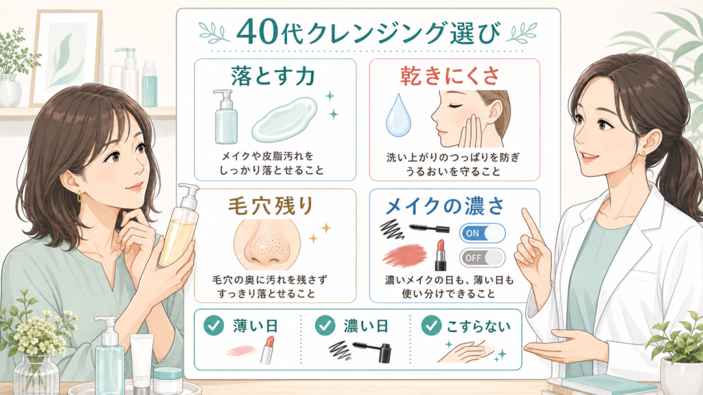 40代のクレンジング選びを乾きと毛穴残りと落とす力で整理する文字入りボード型イラストアイキャッチ