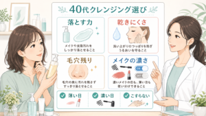 40代のクレンジング選びを乾きと毛穴残りと落とす力で整理する文字入りボード型イラストアイキャッチ
