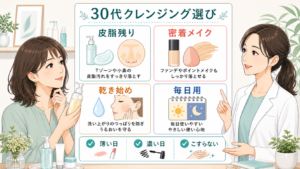 30代のクレンジング選びを毛穴と乾きとメイク落ちで整理する文字入りボード型イラストアイキャッチ