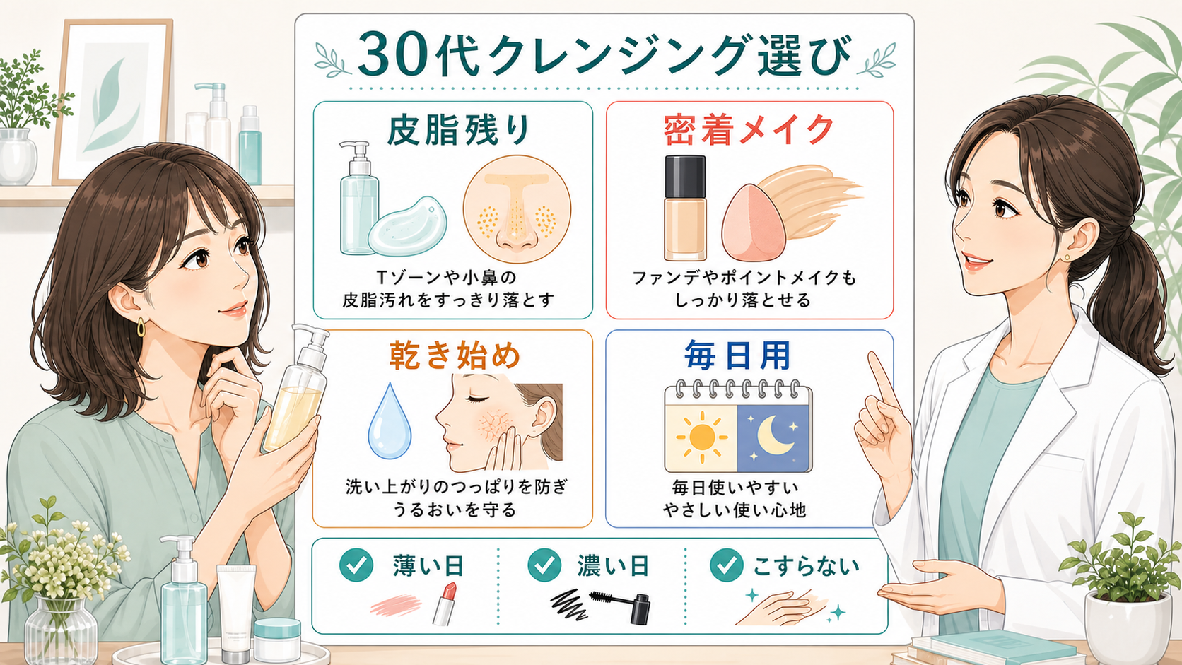 30代のクレンジング選びを毛穴と乾きとメイク落ちで整理する文字入りボード型イラストアイキャッチ