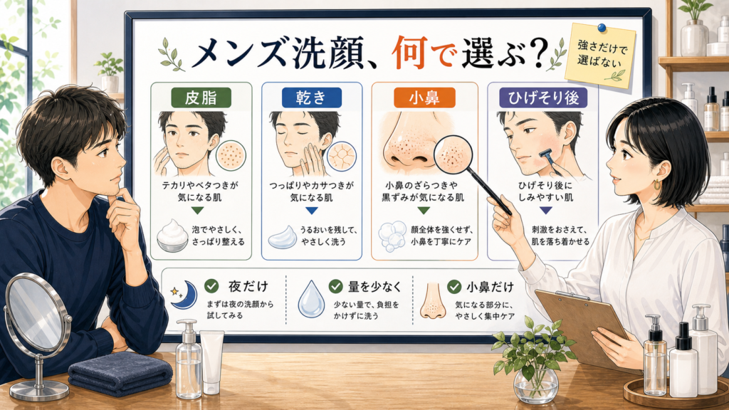 メンズ洗顔を皮脂・乾き・小鼻・ひげそり後で選ぶ相談ボード