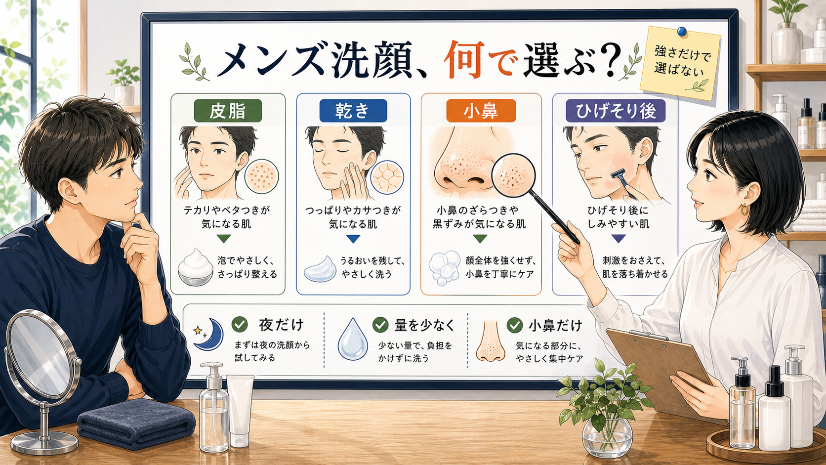 メンズ洗顔を皮脂・乾き・小鼻・ひげそり後で選ぶ相談ボード