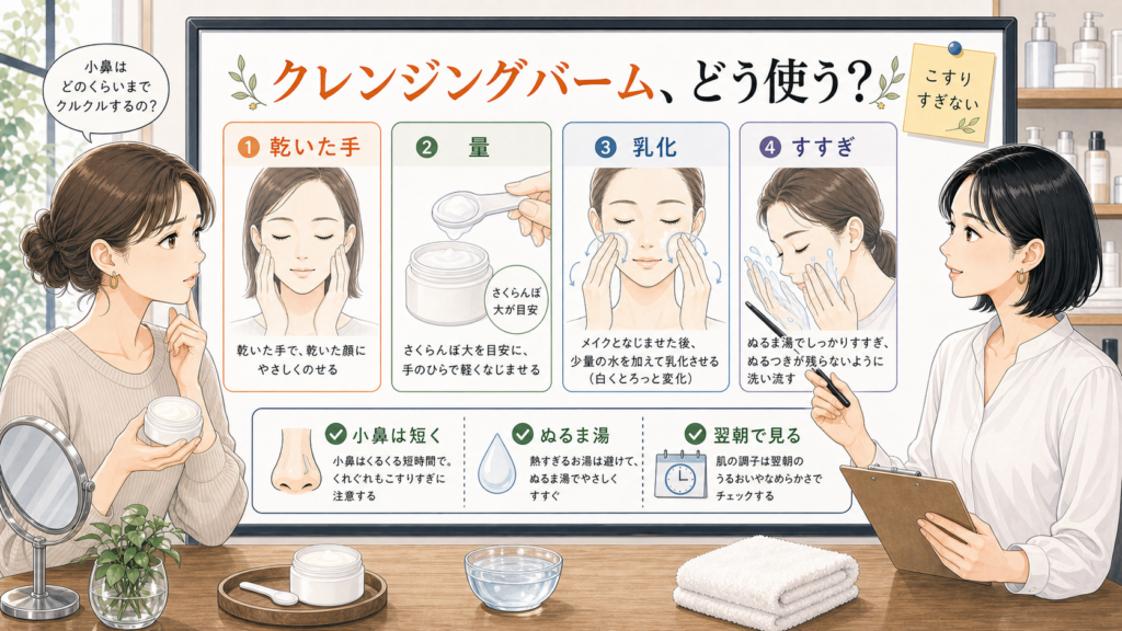 クレンジングバームの使い方を乾いた手・量・乳化・すすぎで示す相談ボード