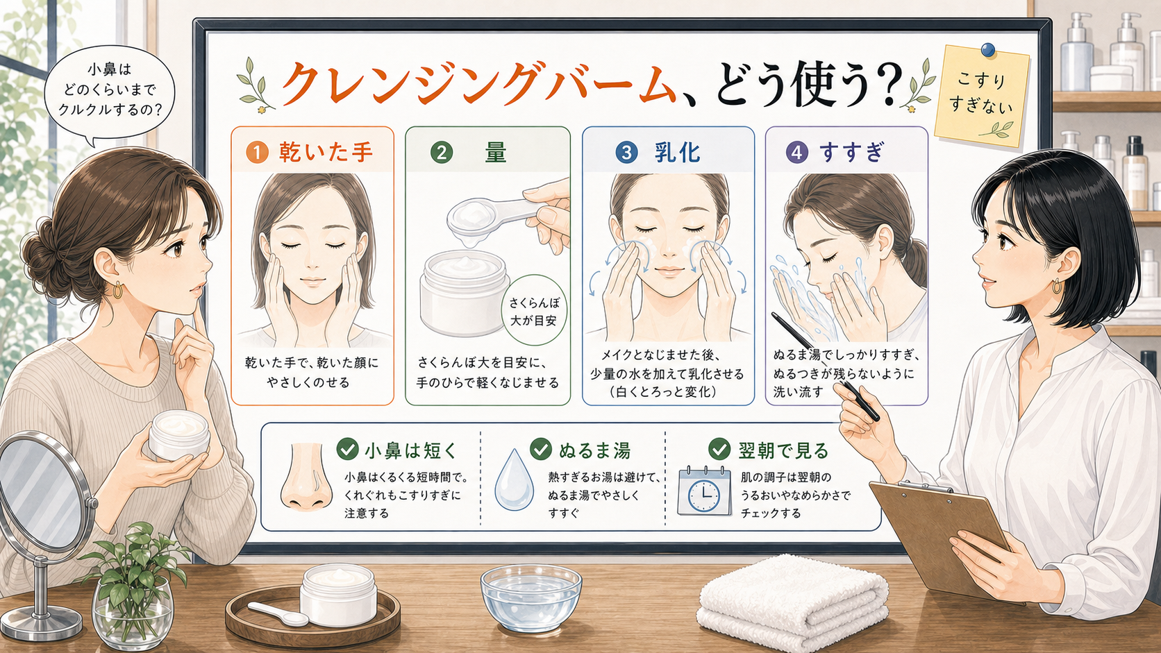 クレンジングバームの使い方を乾いた手・量・乳化・すすぎで示す相談ボード
