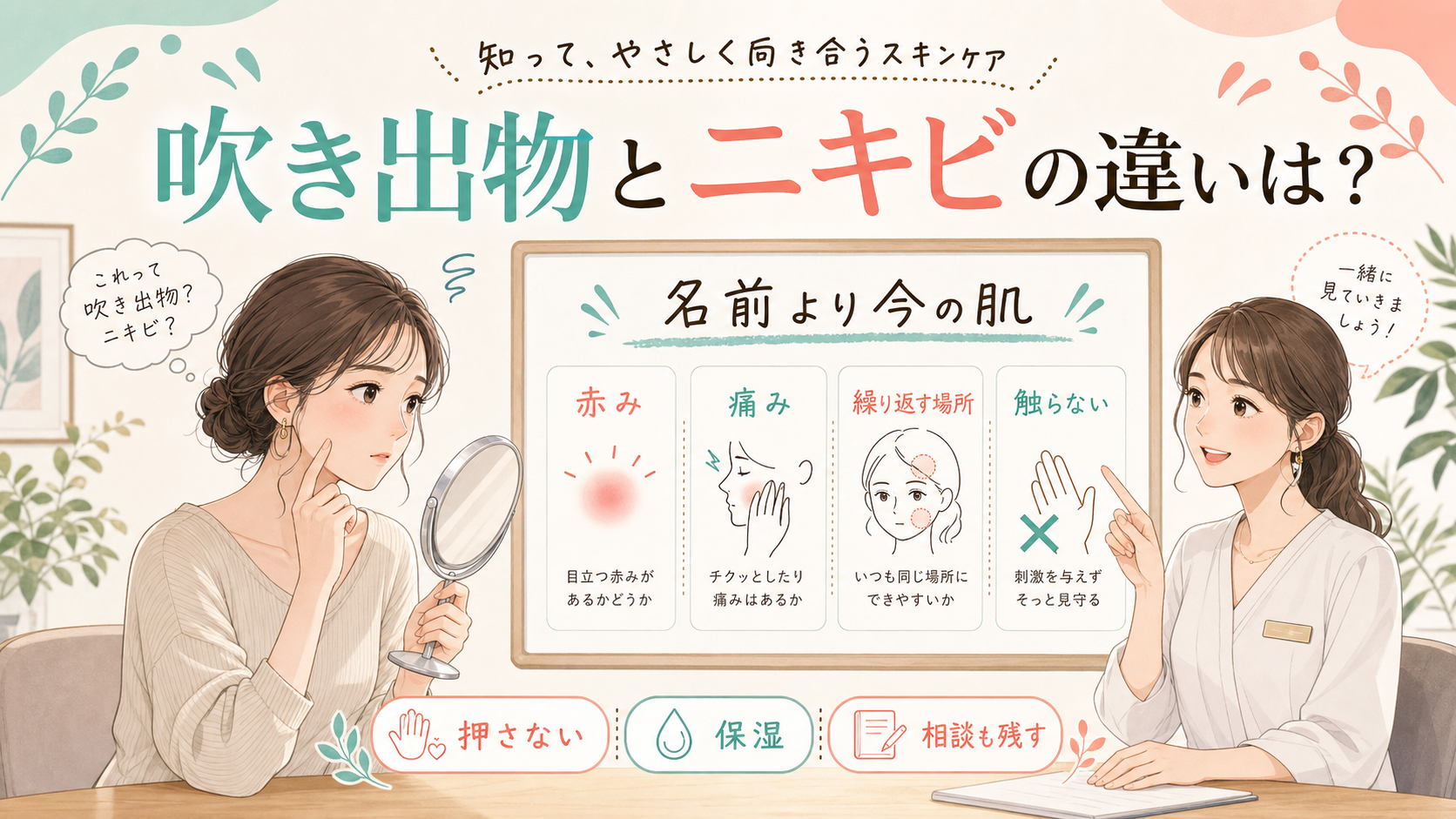 吹き出物とニキビの違いを赤み・痛み・繰り返す場所で示す相談ボード