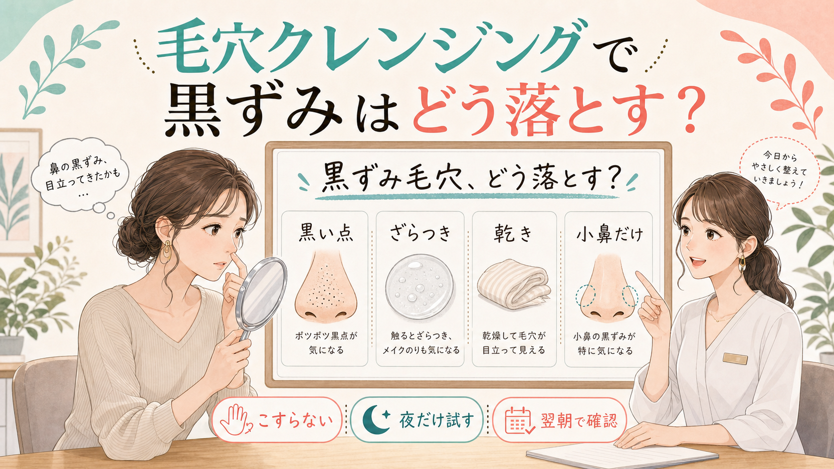 毛穴クレンジングの黒ずみを黒い点・ざらつき・乾きで示す相談ボード