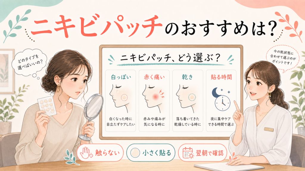 ニキビパッチの選び方を白っぽい・赤く痛い・乾き・貼る時間で示す相談ボード