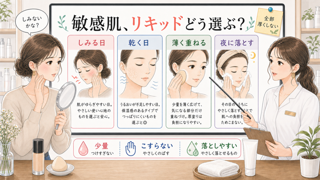 敏感肌のリキッドファンデをしみる日・乾く日・薄く重ねる・夜に落とすで分ける1207基準の相談ボード