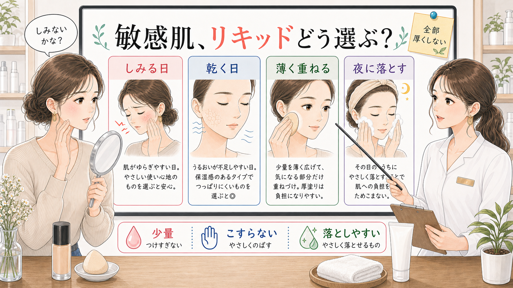 敏感肌のリキッドファンデをしみる日・乾く日・薄く重ねる・夜に落とすで分ける1207基準の相談ボード