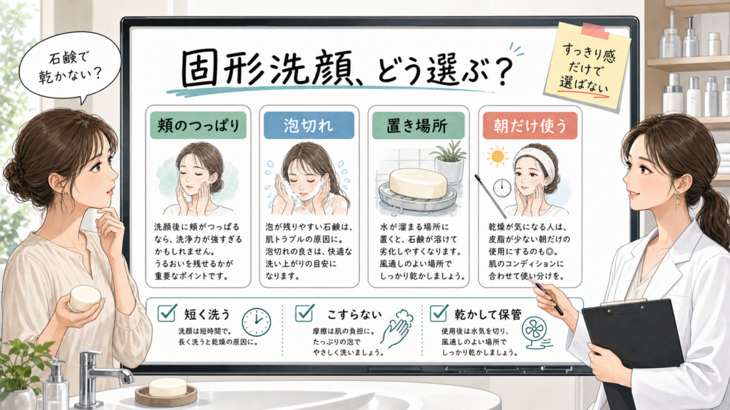 洗顔石鹸の固形タイプを頬のつっぱり・泡切れ・置き場所・朝だけ使う判断で選ぶ1207基準の相談ボード