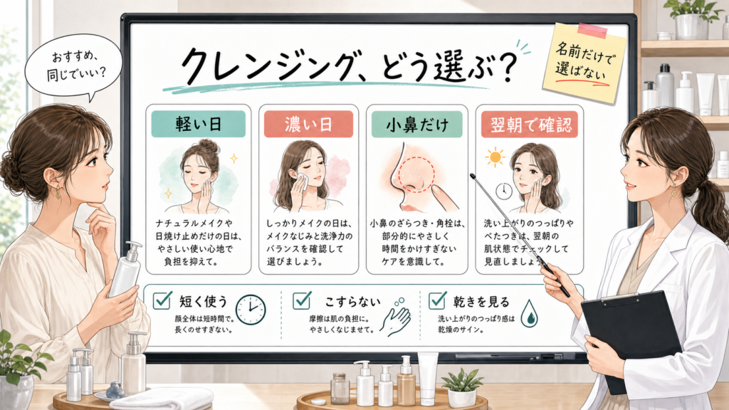 かずのすけクレンジングおすすめを軽い日・濃い日・小鼻だけ・翌朝確認で分ける1207基準の相談ボード