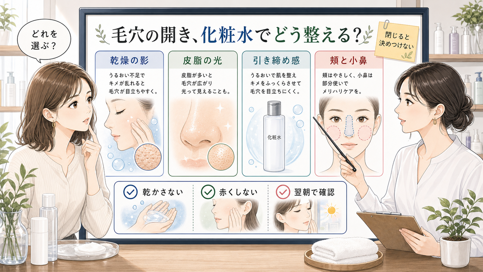 毛穴の開きと化粧水の選び方を乾燥・皮脂・引き締め感で整理するアイキャッチ
