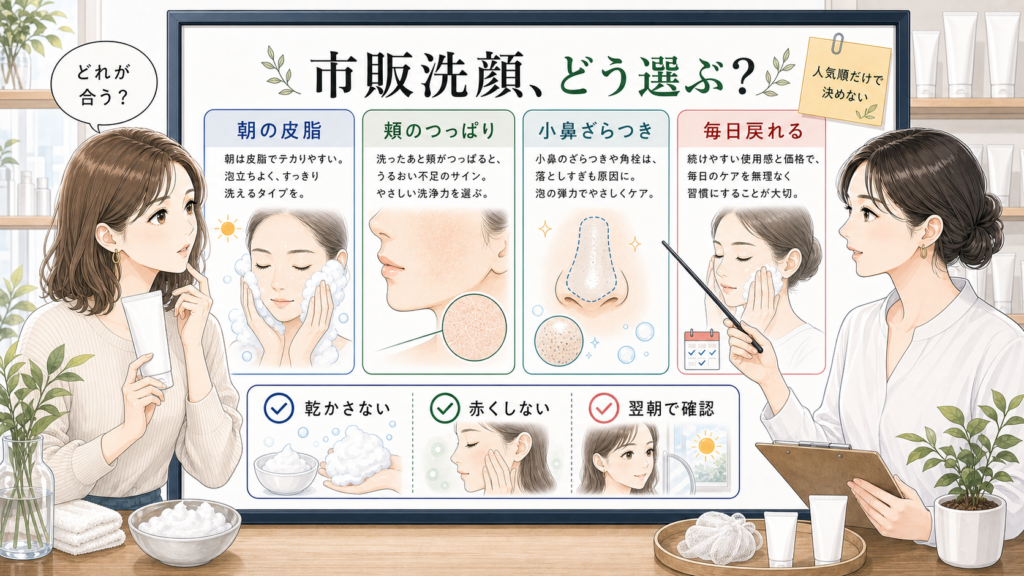市販洗顔の選び方を朝の皮脂・頬のつっぱり・小鼻ざらつきで整理するアイキャッチ