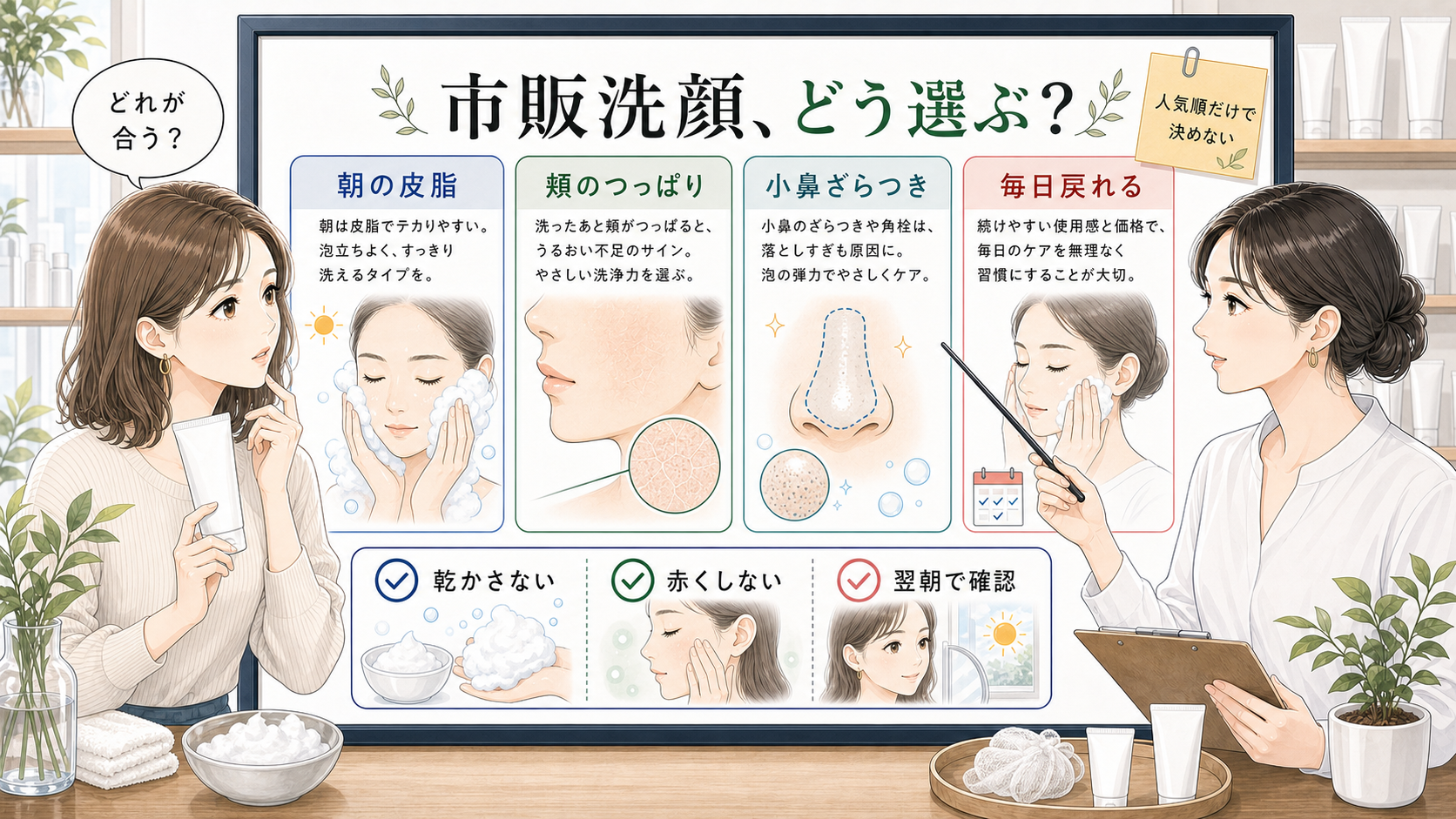 市販洗顔の選び方を朝の皮脂・頬のつっぱり・小鼻ざらつきで整理するアイキャッチ