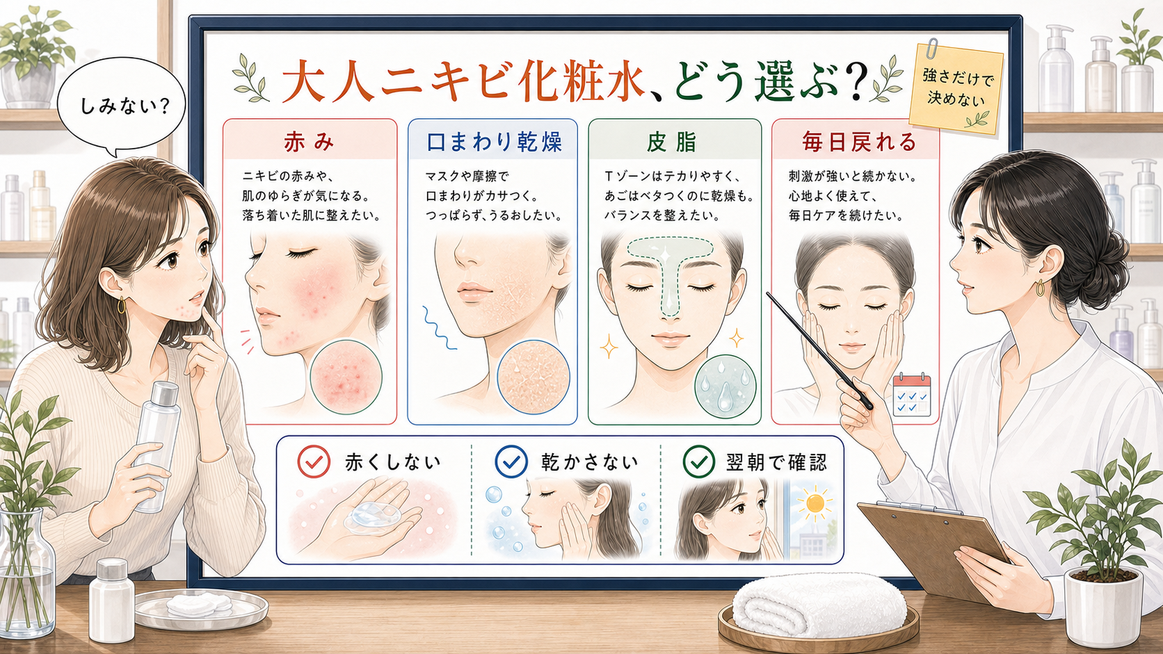 大人ニキビ向け化粧水の選び方を赤み・乾燥・皮脂で整理するアイキャッチ