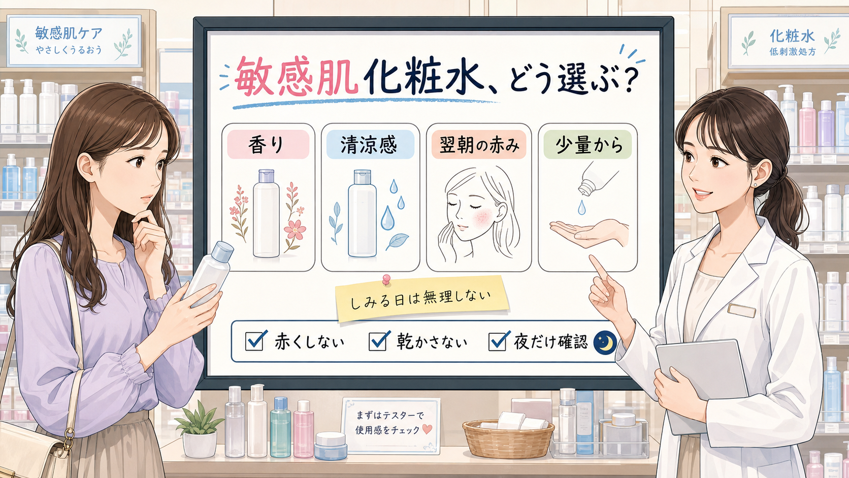 敏感肌向け化粧水の選び方を香り・清涼感・翌朝の赤みで整理するアイキャッチ