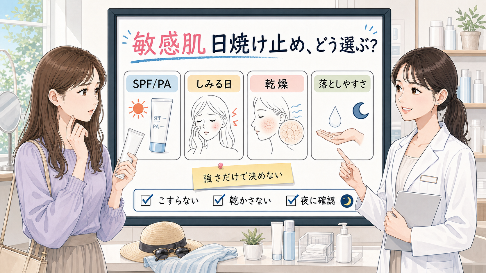 敏感肌向け日焼け止めの選び方をSPF・しみる日・乾燥・落としやすさで整理するアイキャッチ