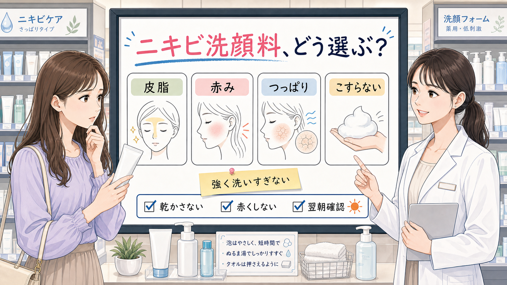 ニキビ洗顔料の選び方を皮脂・赤み・つっぱり・こすらない洗い方で整理するアイキャッチ