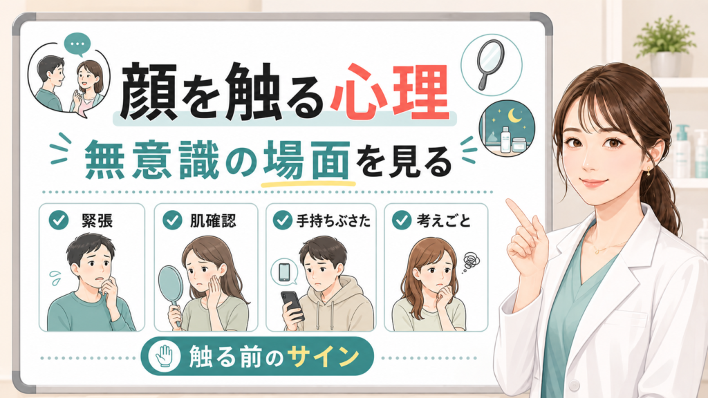 顔を触る心理と無意識の場面を大きなボードで右側の女性アドバイザーが解説するアイキャッチ