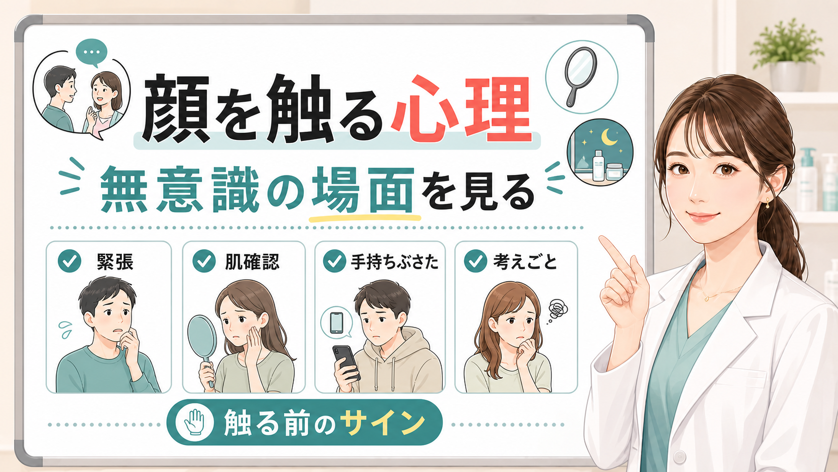 顔を触る心理と無意識の場面を大きなボードで右側の女性アドバイザーが解説するアイキャッチ