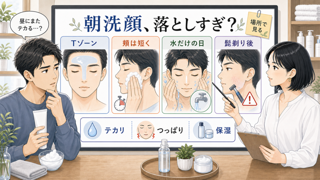 メンズの朝洗顔で皮脂を落としすぎないためのテカリとつっぱり相談ボード