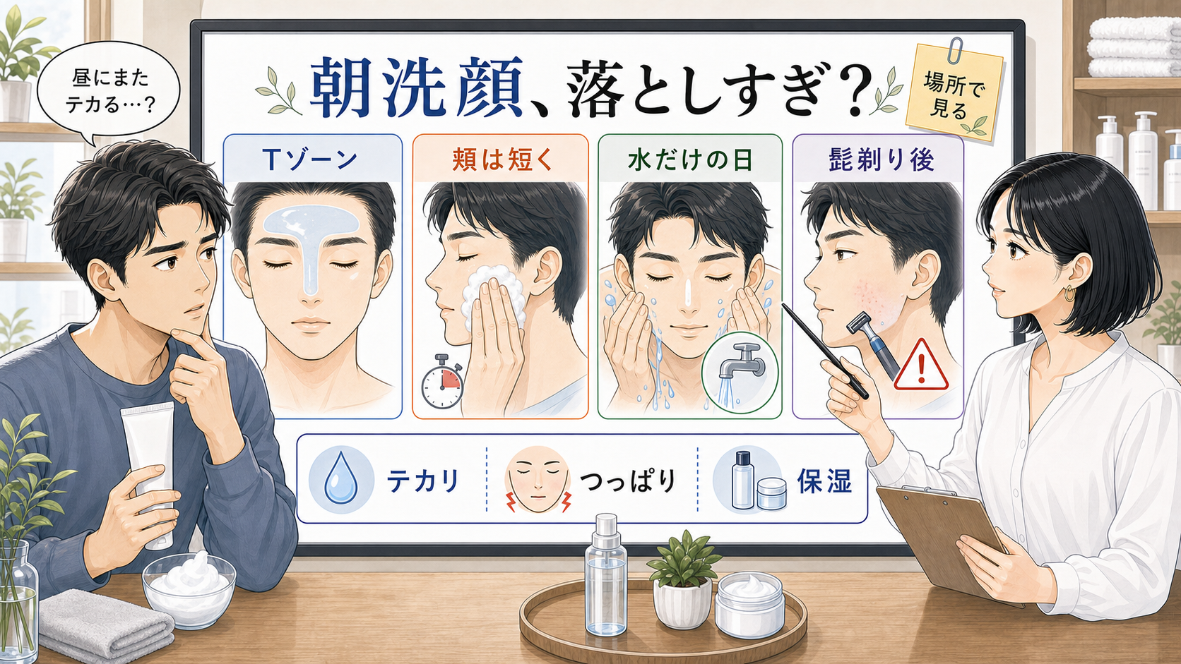 メンズの朝洗顔で皮脂を落としすぎないためのテカリとつっぱり相談ボード
