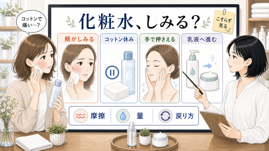 乾燥肌で化粧水がしみる時にコットンを休ませ手で押さえる相談ボード