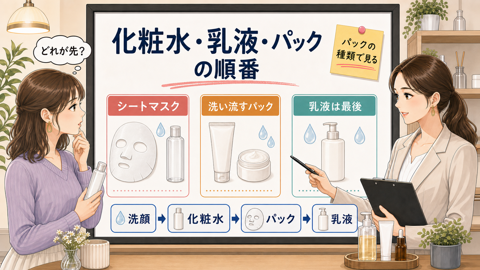 化粧水と乳液とパックの順番を種類別に整理する相談ボード
