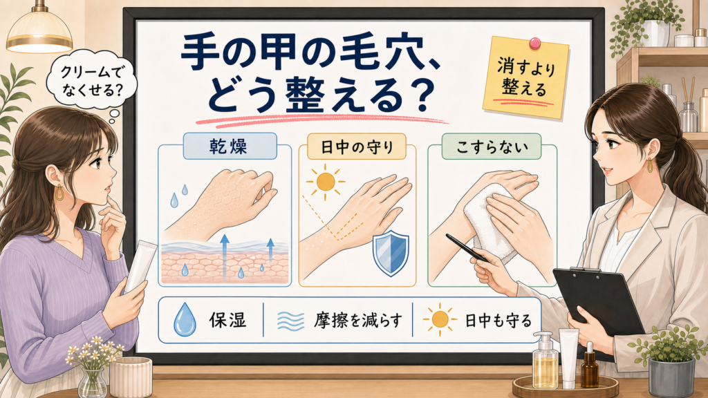 手の甲の毛穴を消すより整える考え方を相談ボードで整理するアイキャッチ
