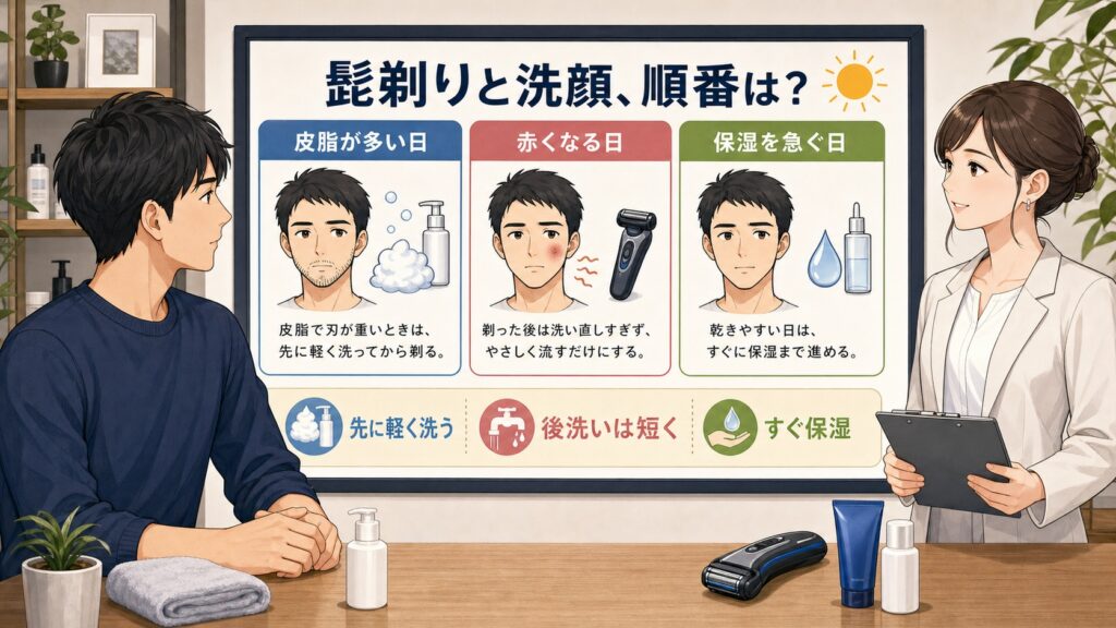 髭剃りと洗顔の順番を皮脂・赤み・保湿で整理するChocobraのアイキャッチ
