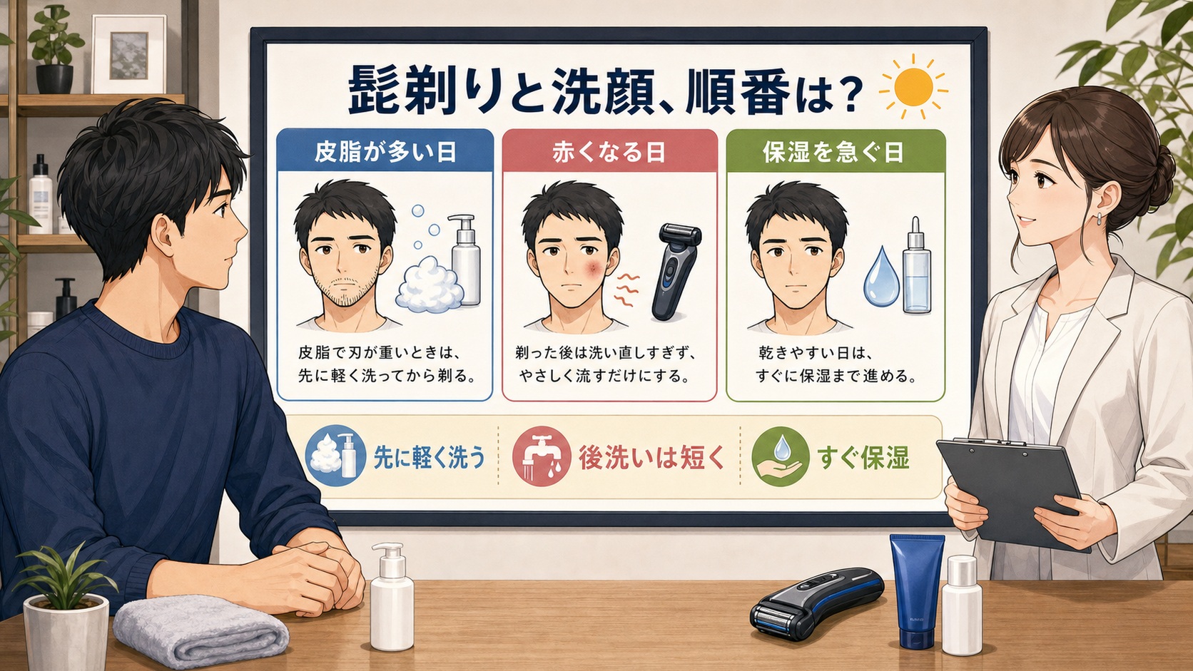 髭剃りと洗顔の順番を皮脂・赤み・保湿で整理するChocobraのアイキャッチ