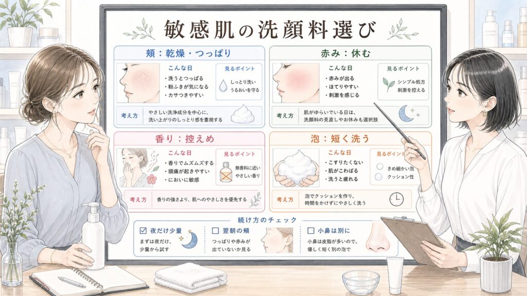 敏感肌向け洗顔料をドラッグストアで選ぶなら？乾燥・赤み・泡で見る