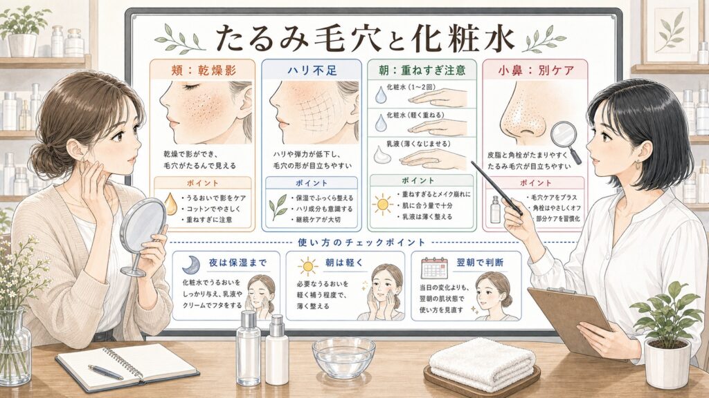 たるみ毛穴に化粧水はどう使う？乾燥影・ハリ不足・重ね方で考える