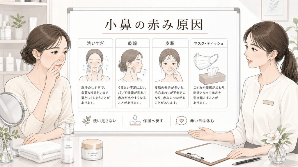 小鼻の赤みの原因は？こすりすぎ・乾燥・皮脂で考える