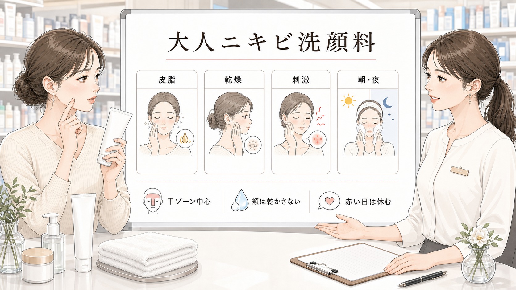 大人ニキビ向け洗顔料をドラッグストアで選ぶなら?乾燥・皮脂・刺激で見る