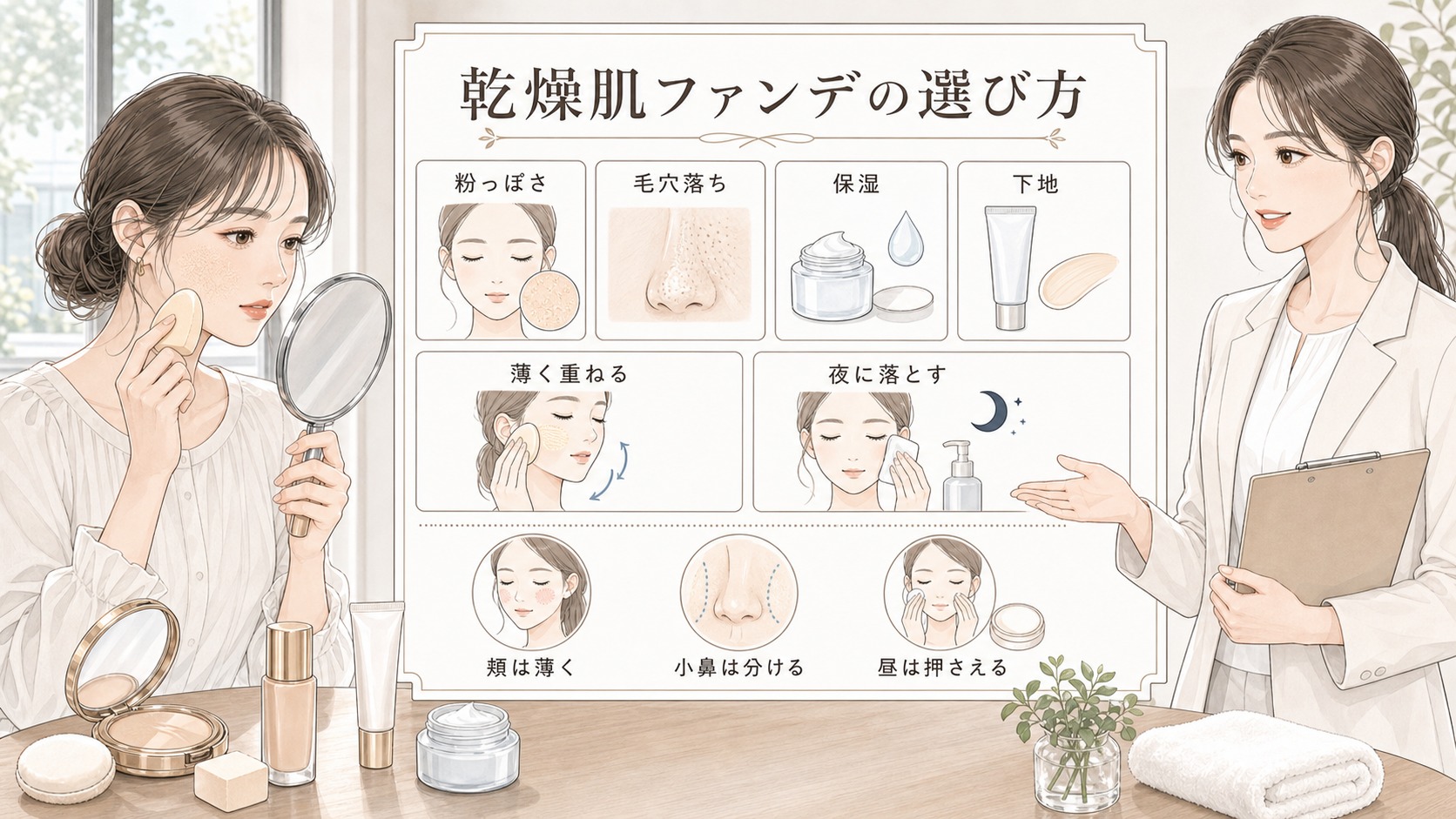 乾燥肌のファンデおすすめは?粉っぽさ・毛穴落ち・保湿で選ぶ
