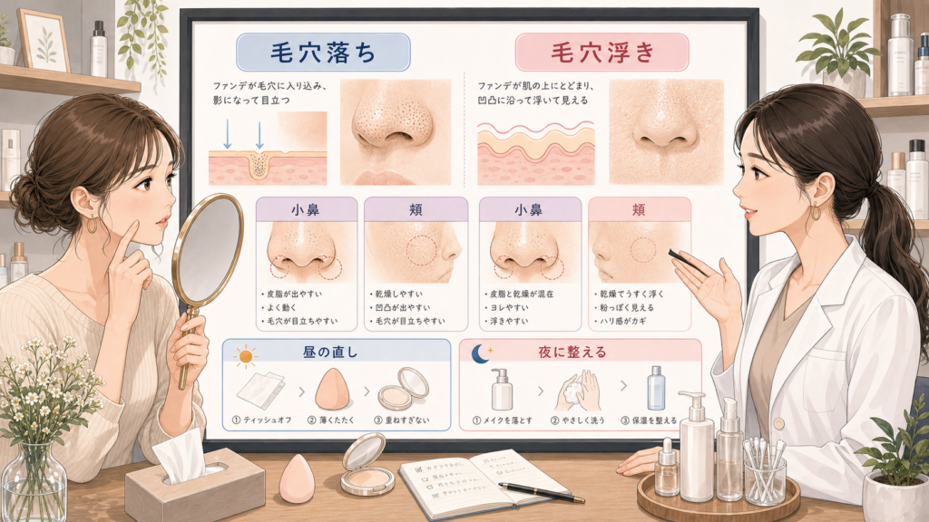毛穴落ちと毛穴浮きを小鼻、頬、昼の直し、夜のケアで比べる相談ボード