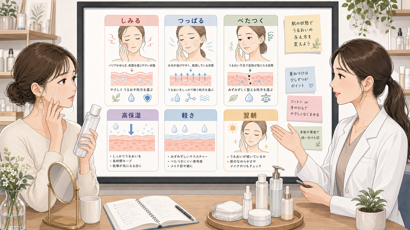 乾燥肌の化粧水をしみる、つっぱる、べたつく、高保湿、軽さで選ぶ相談ボード