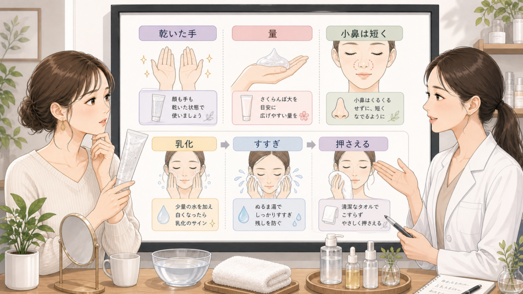 クレンジングジェルを乾いた手、量、小鼻、乳化、すすぎ、タオルで使う手順の相談ボード