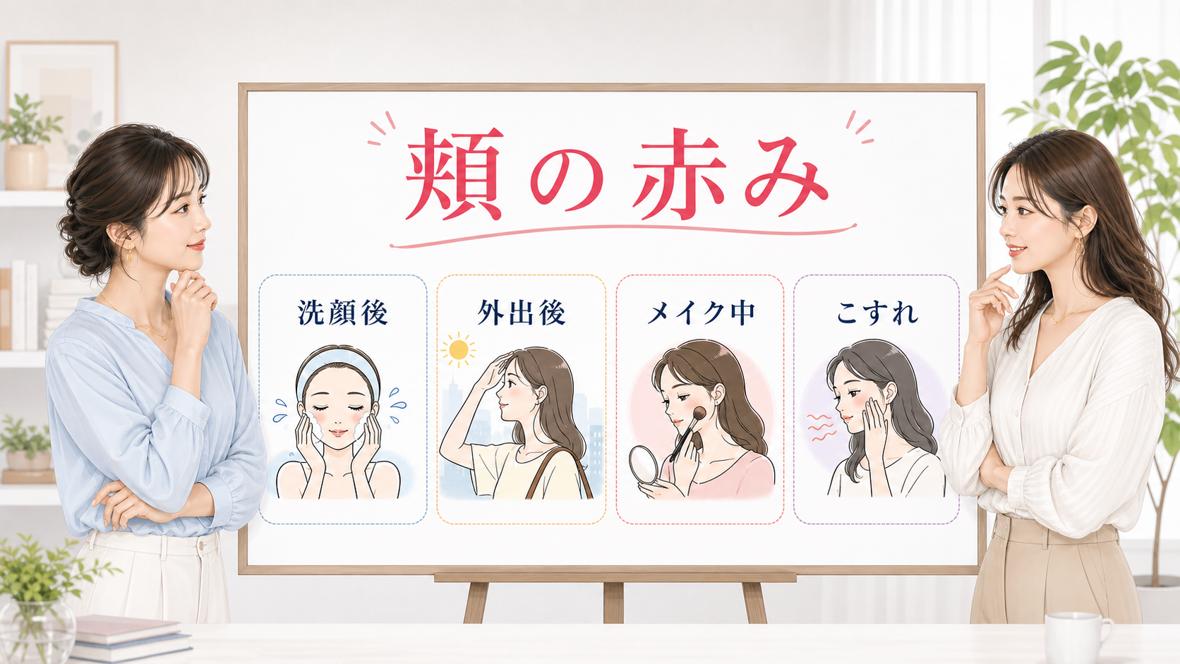 頬の赤みを洗顔後、外出後、メイク中、こすれで見直す相談ボード