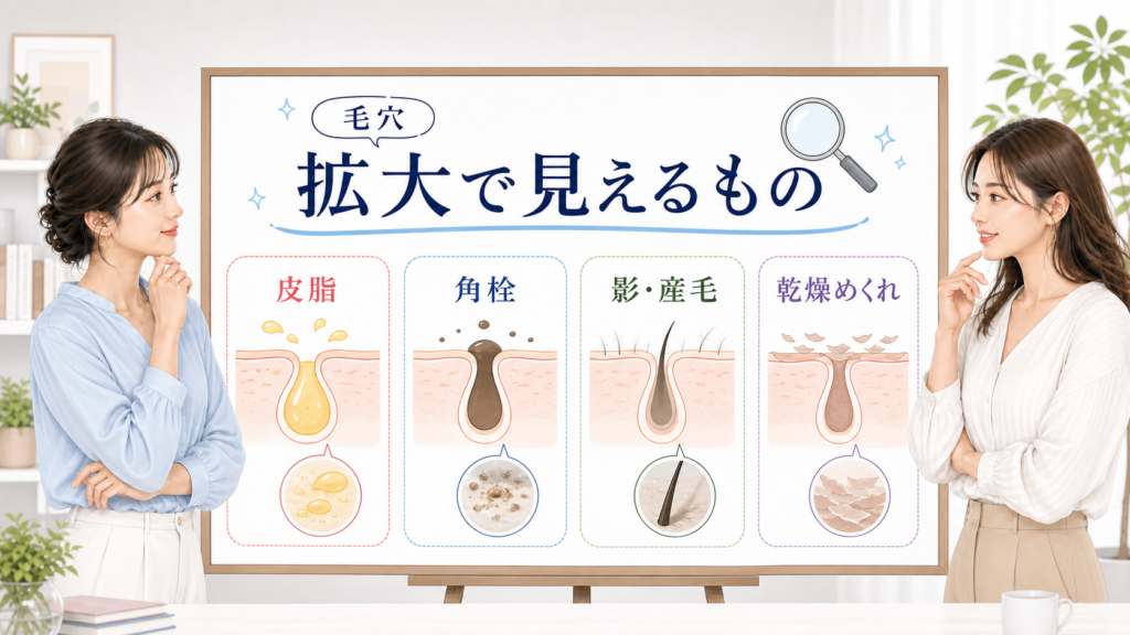 毛穴を拡大して見える皮脂、角栓、影や産毛、乾燥めくれを整理する相談ボード