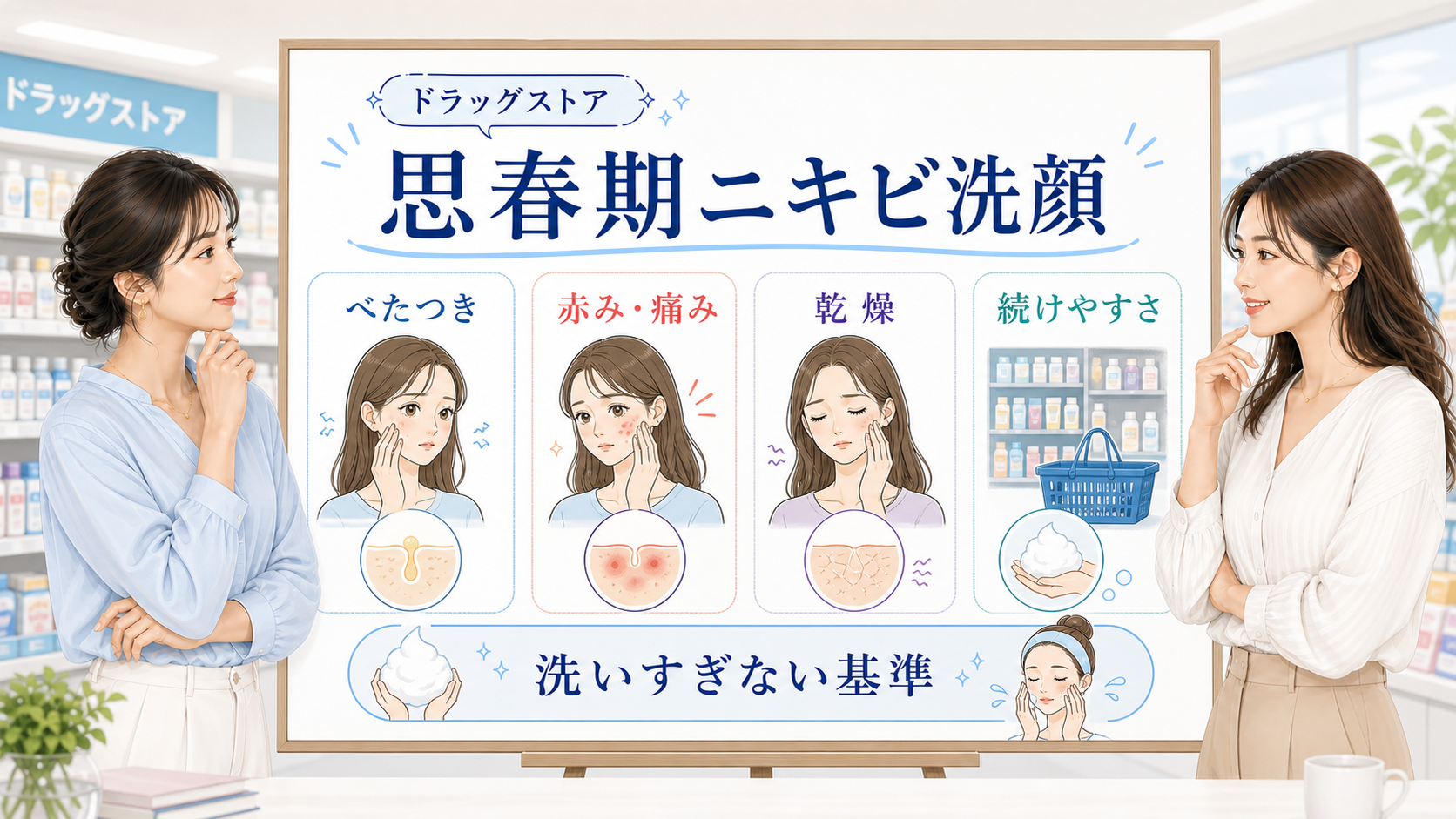 思春期ニキビ洗顔をべたつき、赤みや痛み、乾燥、続けやすさで選ぶ相談ボード