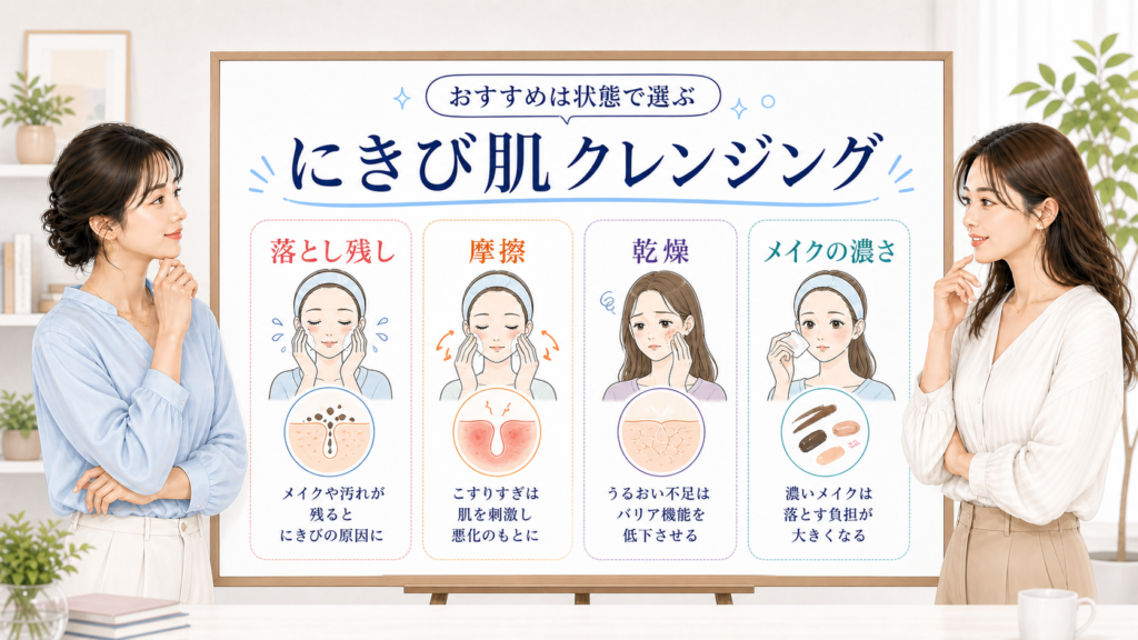 にきび肌クレンジングを落とし残し、摩擦、乾燥、メイクの濃さで選ぶ相談ボード