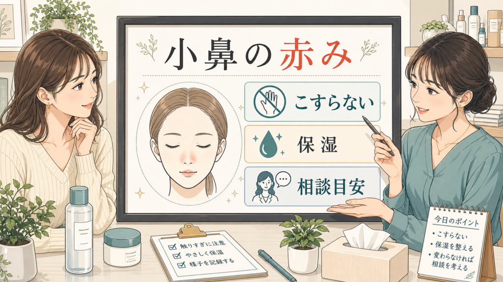 小鼻の赤みを市販スキンケアでこすらず保湿し相談目安を考えるイラスト