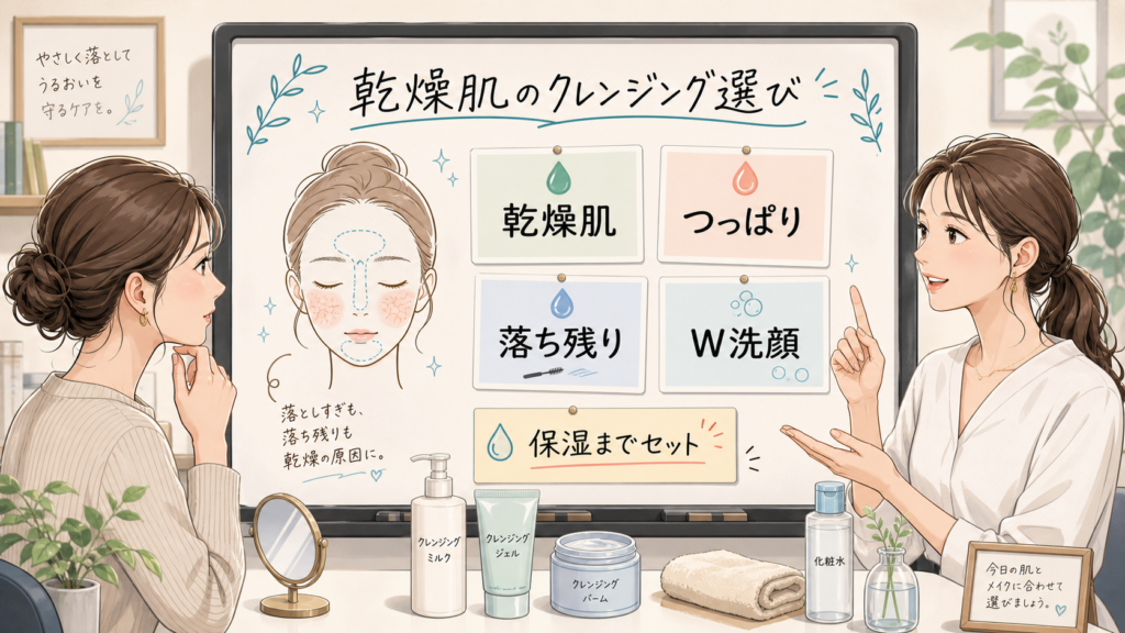 乾燥肌のクレンジングをつっぱりと落ち残りとW洗顔で選ぶイラスト