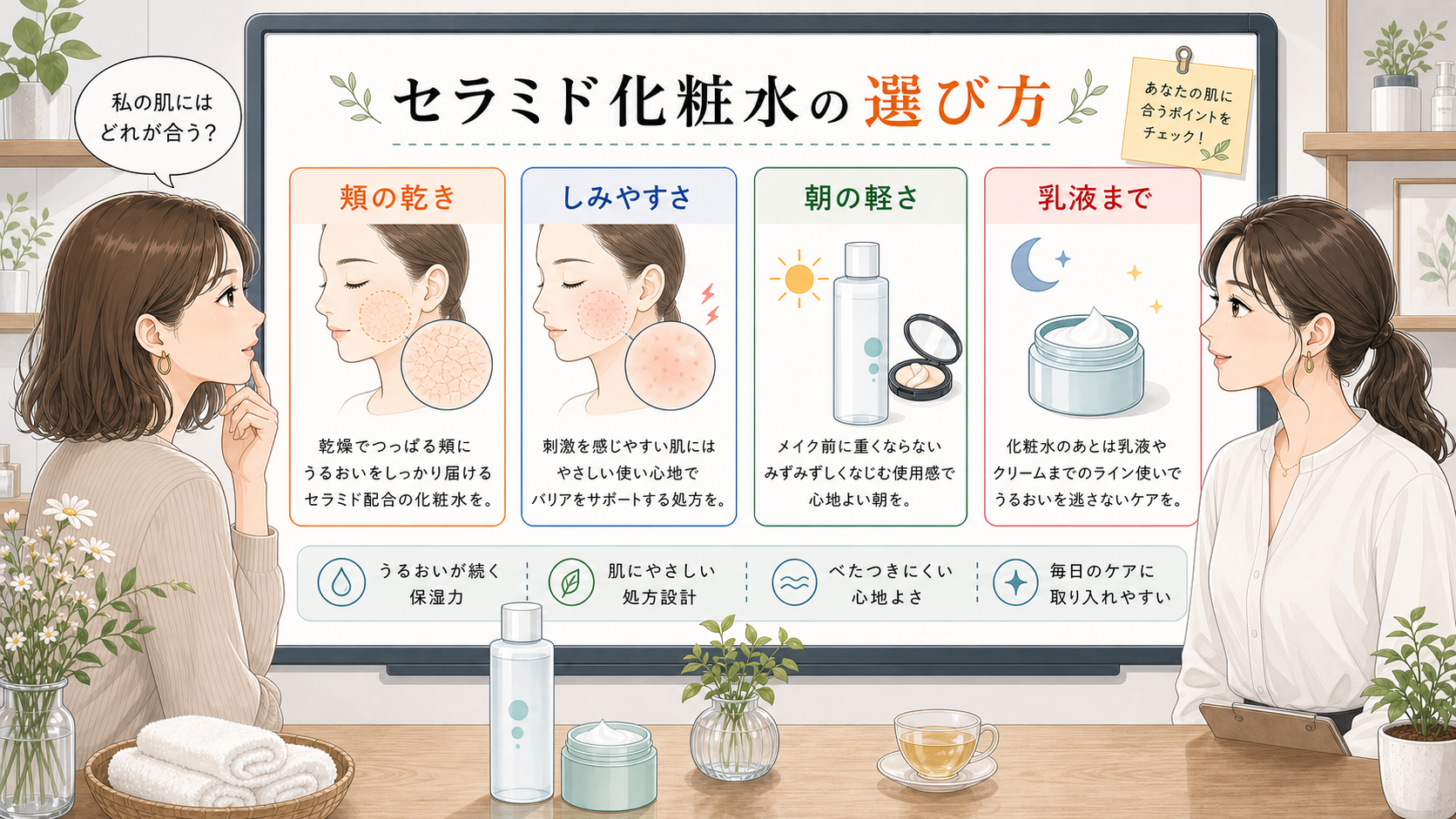 セラミド化粧水を頬の乾き、しみやすさ、朝の軽さ、乳液までの流れで選ぶ相談ボードのイラスト