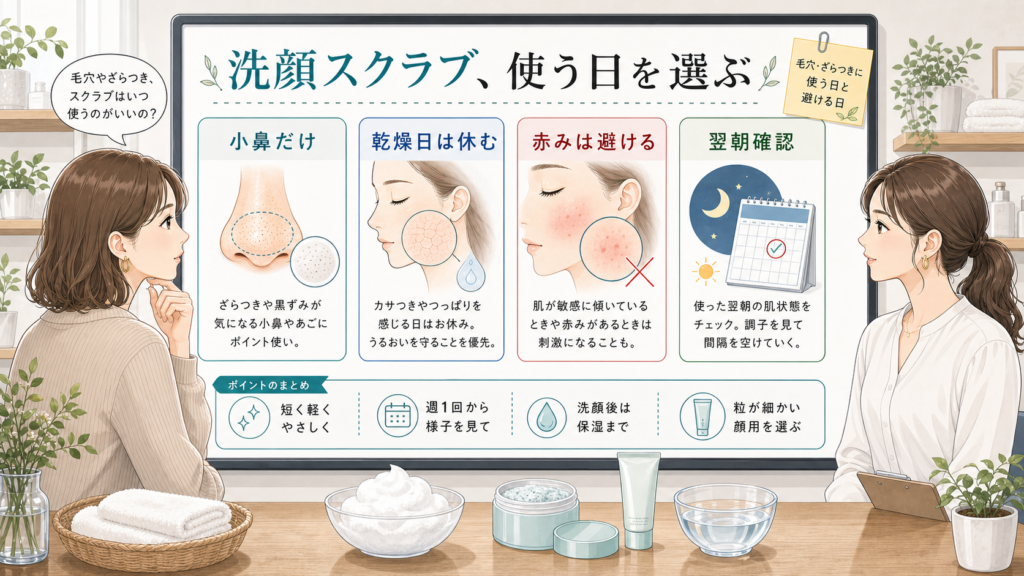 洗顔スクラブを小鼻だけ、乾燥日は休む、赤みは避ける、翌朝確認で使う日を選ぶ相談ボードのイラスト