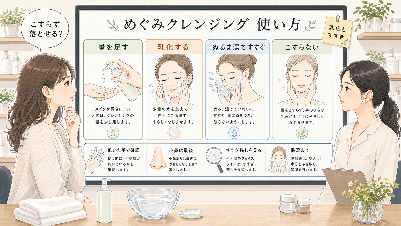 めぐみクレンジングの使い方を量、乳化、すすぎ、こすらない手順で整理した相談ボード