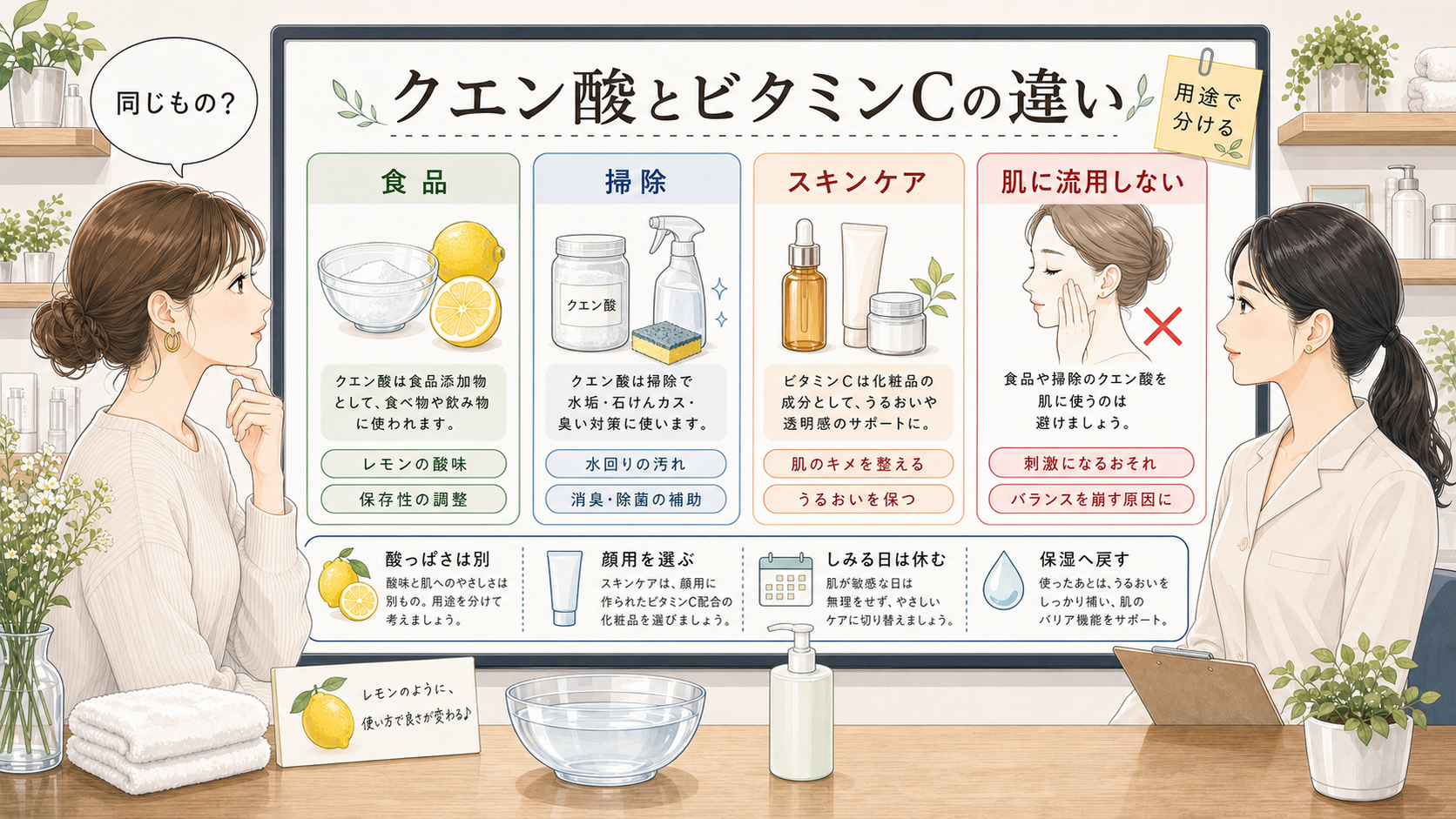 クエン酸とビタミンCの違いを食品、掃除、スキンケア、肌に流用しない軸で整理した相談ボード